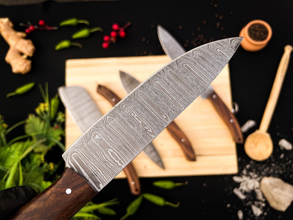 Μαχαίρι κουζίνας -  Σετ μαχαίρια σεφ κουζίνας για καθημερινή χρήση σε εσωτερικούς και εξωτερικούς χώρους (FK-152) - Χειριστήριο από αμερικανικό ροζέ ξύλο και διπλωμένο ατσάλι 1095/15N20. - Ηνωμένες Πολιτείες - Σετ κουζίνας και μπάρμπεκιου #4.3