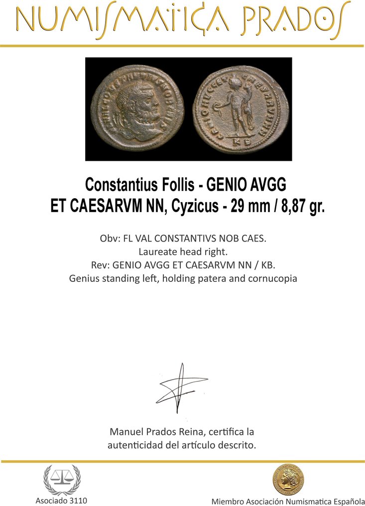 Ρωμαϊκή Αυτοκρατορία. Constantius (AD 305-306). Follis GENIO AVGG ET CAESARVM NN, Cyzicus (χωρίς τιμή ασφαλείας) #1.0