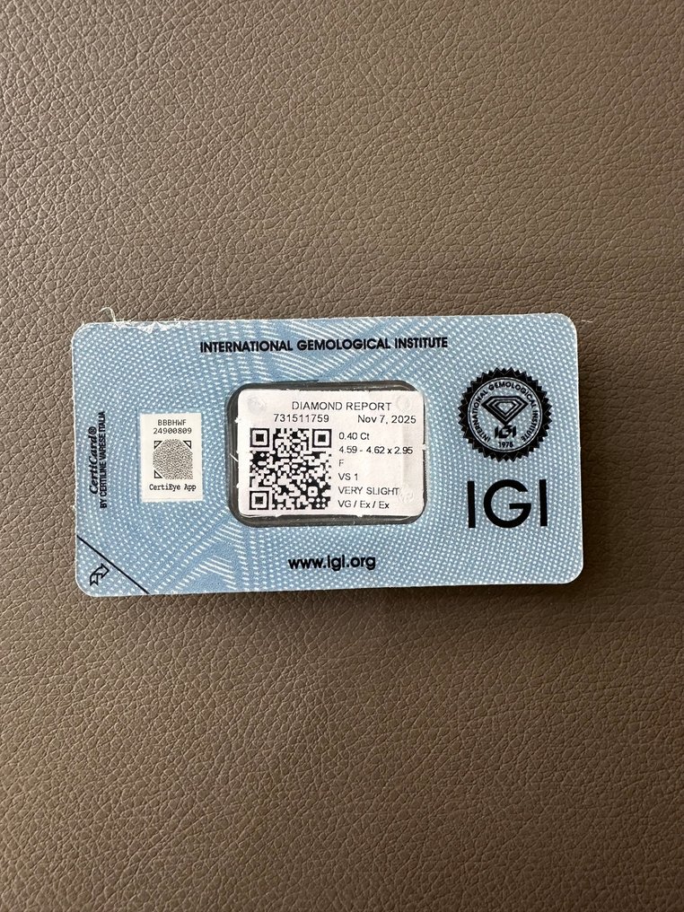 Nincs minimálár - 1 pcs Gyémánt (Természetes) - 0.40 ct - Kerek - F - VS1 - Nemzetközi Gemmológiai Intézet (IGI) #1.0