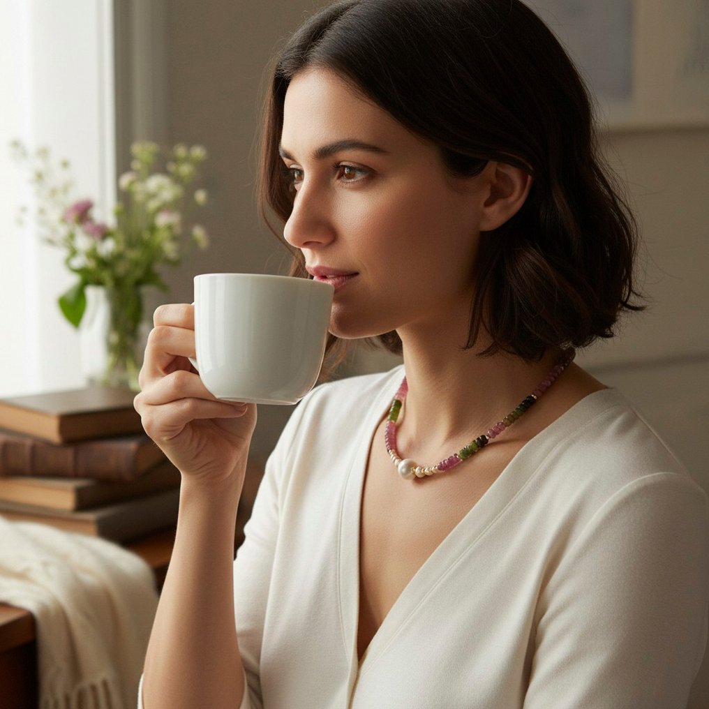 沒有保留價 - 頸鏈 - 18 克拉 黃金 珍珠 - 電氣石 #2.1