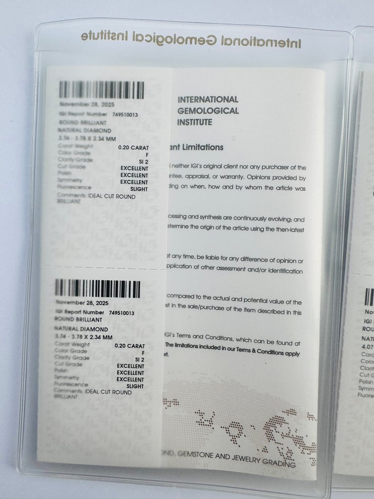 没有保留价 - 2 pcs 钻石  (天然)  - 0.44 ct - 圆形 - F - SI2 微内含二级 - 国际宝石研究院（IGI） - 配对，EX VG #4.3