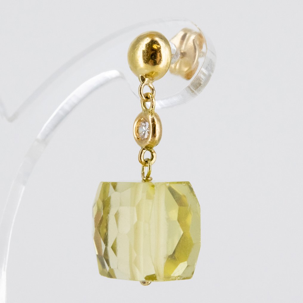 Drop fülbevaló - 18 kt. Sárga arany Quartz - Gyémánt #2.1