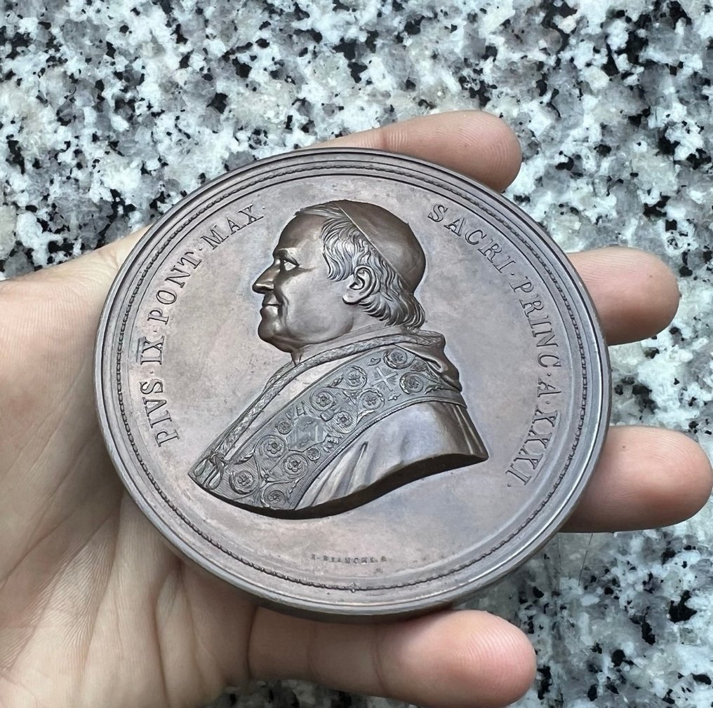 教廷. Medal Pius IX 1876 Immaculate Conception Column Medal by Bianchi 82mm 268g Bronze #3.2