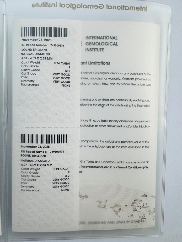 没有保留价 - 2 pcs 钻石  (天然)  - 0.44 ct - 圆形 - F - SI2 微内含二级 - 国际宝石研究院（IGI） - 配对，EX VG #3.2