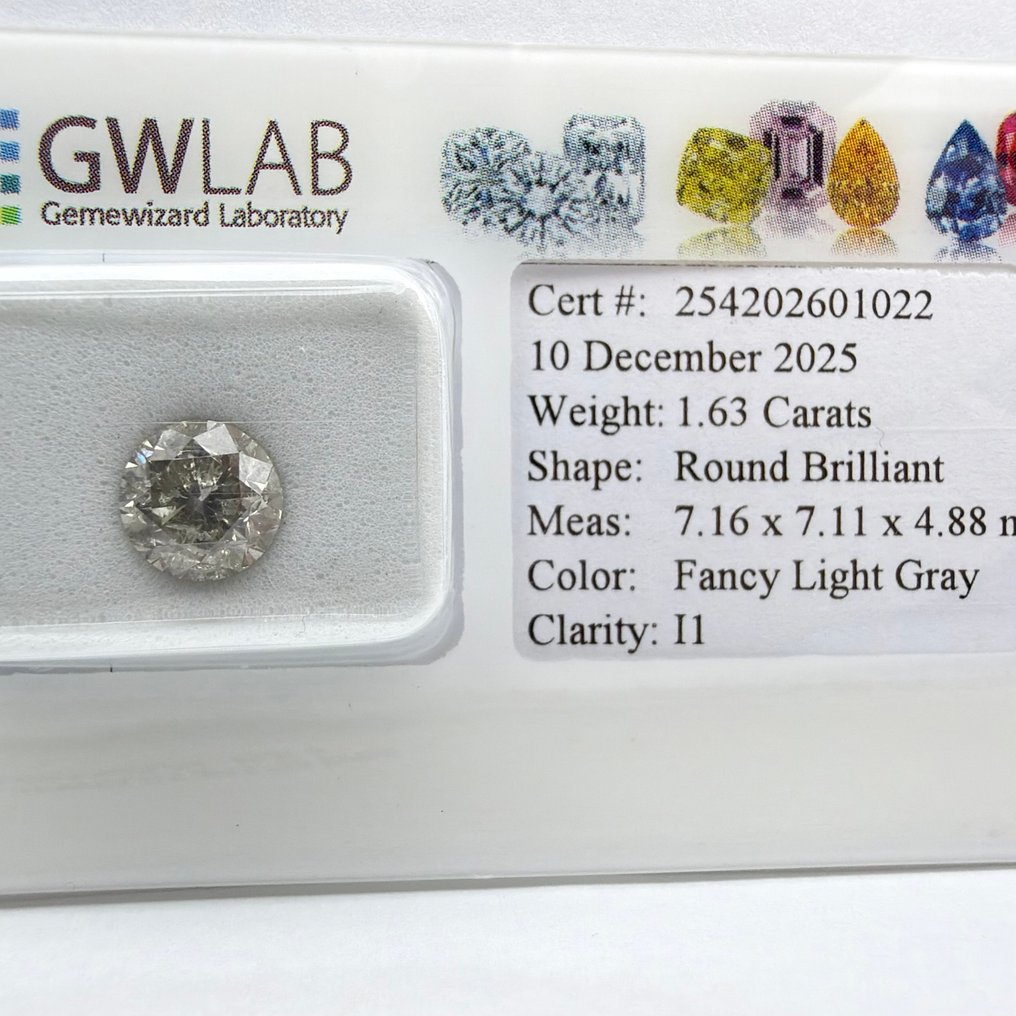 Utan reservationspris - 1 pcs Diamant (Naturligt färgad) - 1.63 ct - Rund - Fancy light Grå - I1 - Gemewizard Gemological Laboratory (GWLab) #1.0