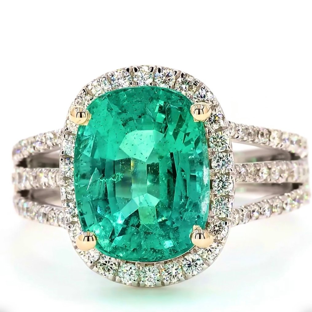 Pierścionek - 14-karatowe Białe złoto - 5.06ct. tw. Szmaragd - Diament - Super czysty - niebiesko-zielony. #4.3