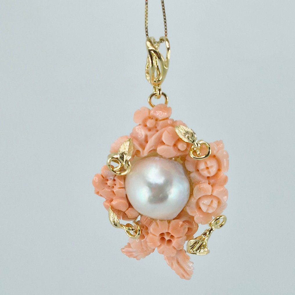 Κοράλλι - Ασημί, Gold-plated - Κολιέ με μενταγιόν - Corallo Rosa Inciso #1.0