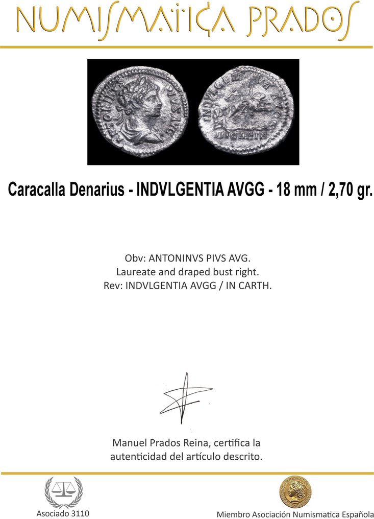 Império Romano. Caracala (198-217 d.C.). Denarius INDVLGENTIA AVGG / IN CARTH  (Sem preço de reserva) #1.0