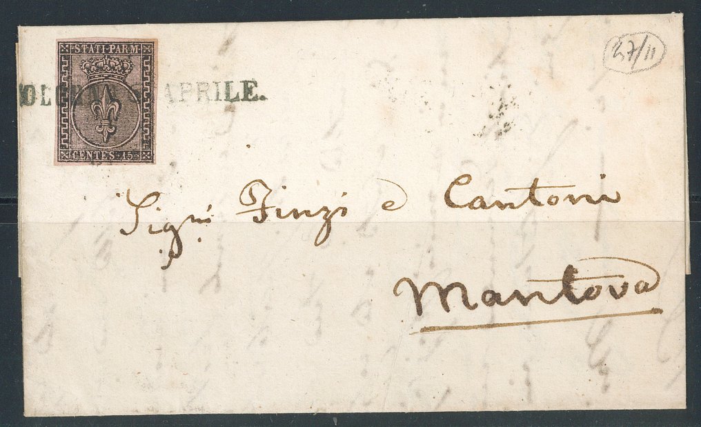 Anciens états italiens - Parme  - 15 c. Rosa Ben Marginato, sa lettre de COLORNO (linéaire, p. 8) 6.4.58 pour Mantoue. - Sassone n. 3 #1.0