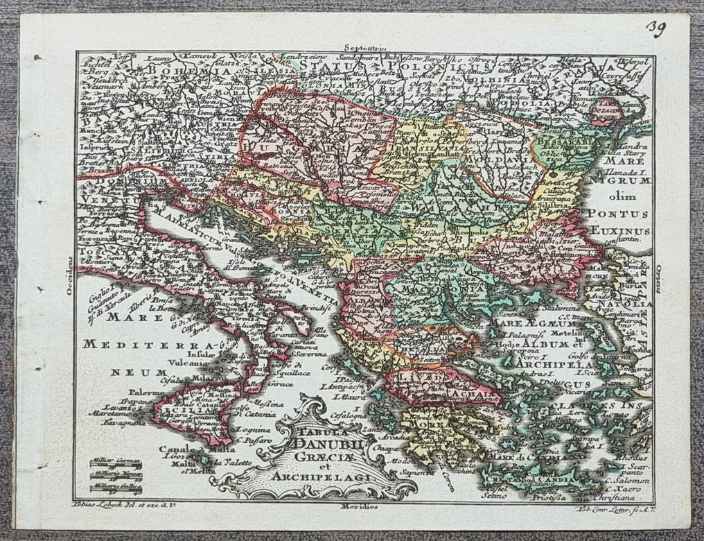 Grecia, Dalmazia, Sicilia, Regno di Napoli, Moldavia, Ungheria - Mappa; Tobias Conrad Lotter (1717-1777) - Lobeck Tobias (notizie 1730-1750) - "TABULA DANUBII GRECIA et ARCHIPELAGI" - 1721-1750 #1.0