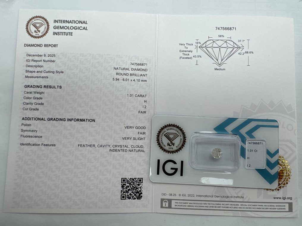 Sem preço de reserva - 1 pcs Diamante (Natural) - 1.01 ct - Redondo - H - I2 - International Gemological Institute (IGI) #1.0