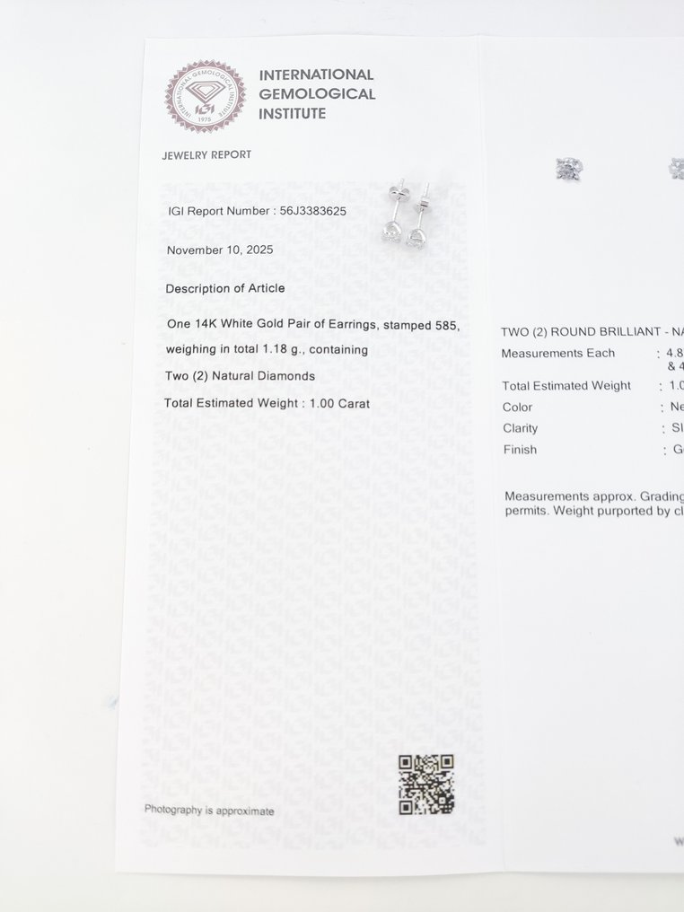 χωρίς τιμή ασφαλείας - Σκουλαρίκια - 14 καράτια Λευκός χρυσός -  1.00ct. tw. Διαμάντι (Φυσικό) - Πιστοποιητικό IGI #3.2