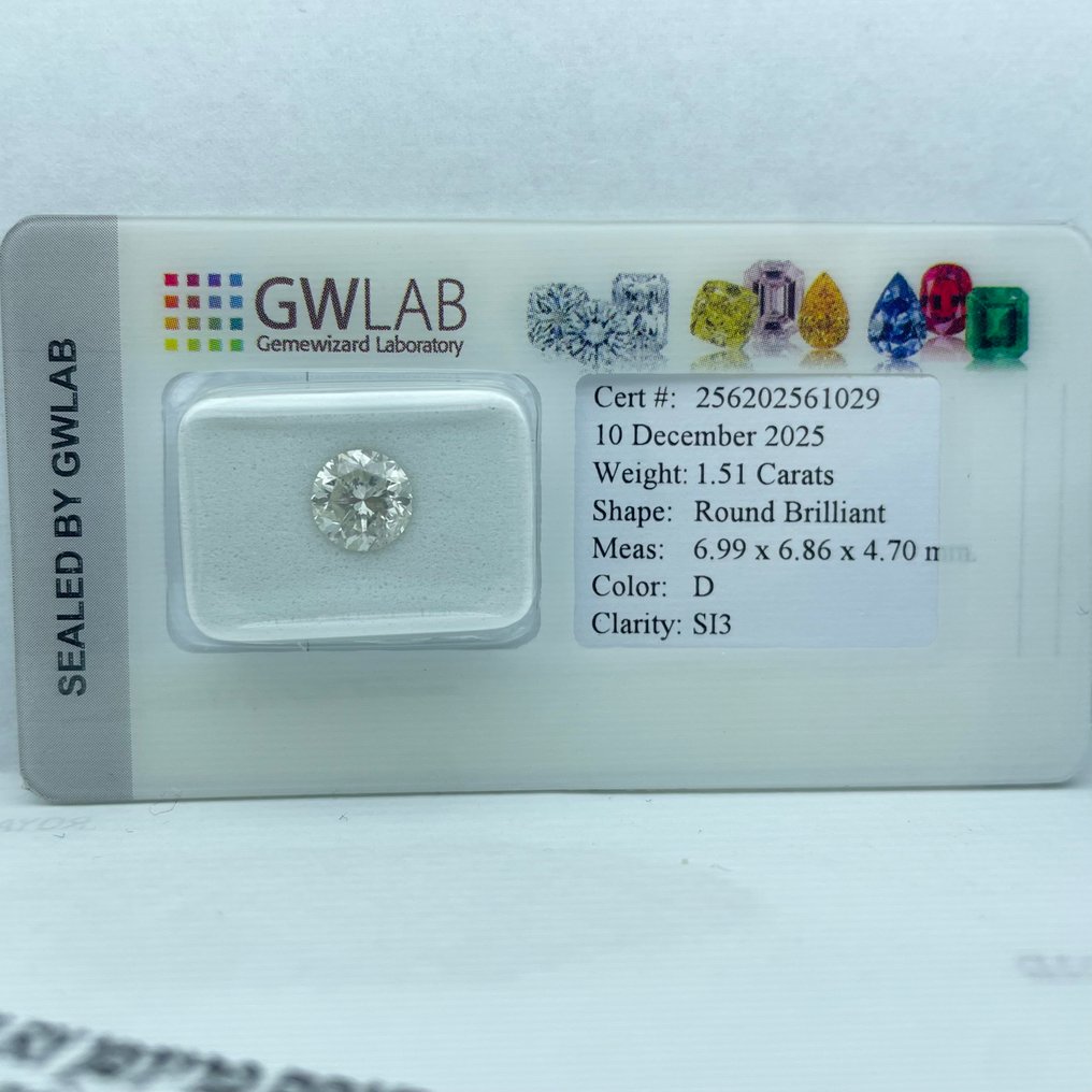 Sem preço de reserva - 1 pcs Diamante (Natural) - 1.51 ct - Redondo - D (incolor) - SI3 - Gemewizard Gemological Laboratory (GWLab) #4.3