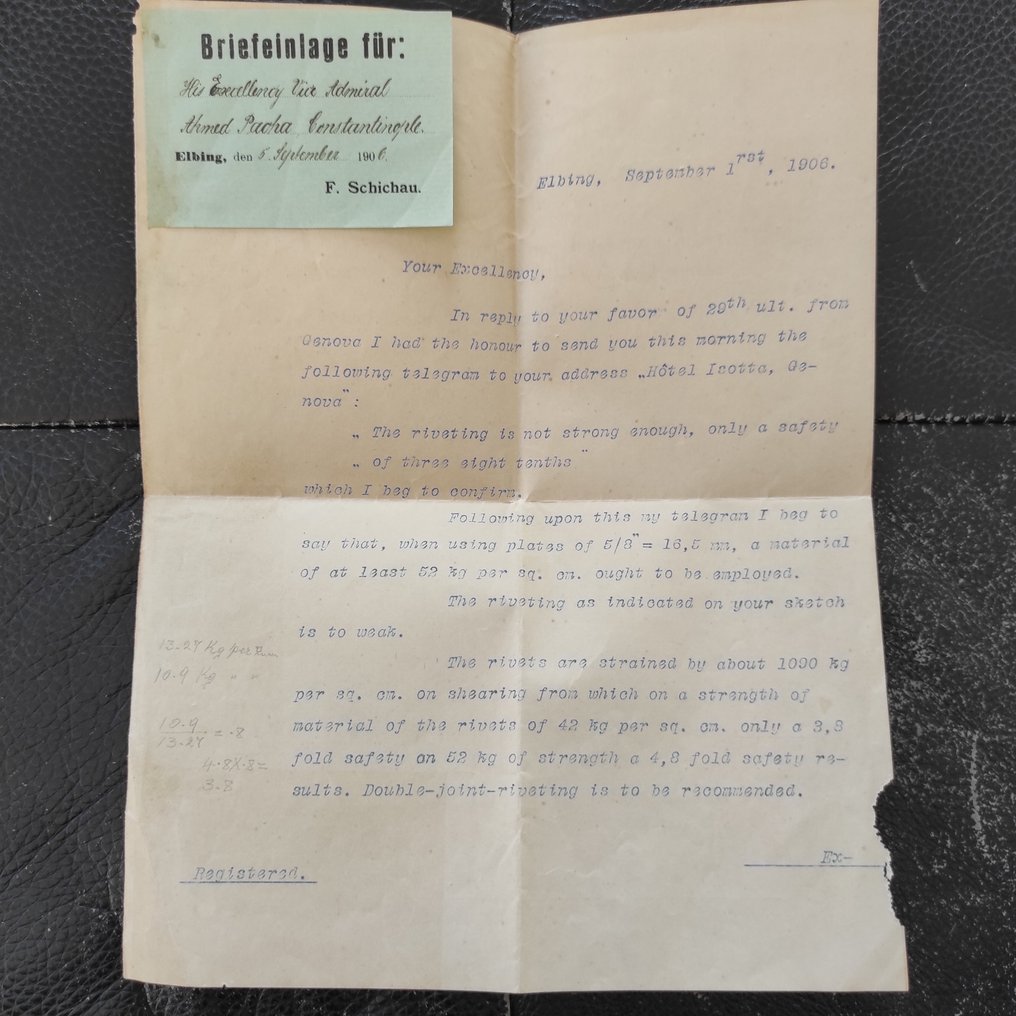 文档 - F. Schichau (Schichau-Werke, Elbing) - 1906 Schichau-Werke Naval Engineering Letter to Ottoman Vice Admiral Ahmed Pasha – Shipbuilding / - 1906 #1.0