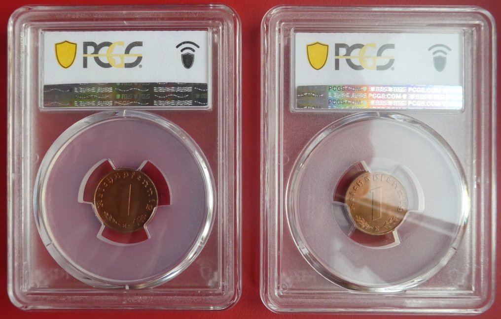 Germany, Third Reich 1 Reichspfennig 2x 1938 E / MS65RD & MS53RB  (No reserve price) #1.0