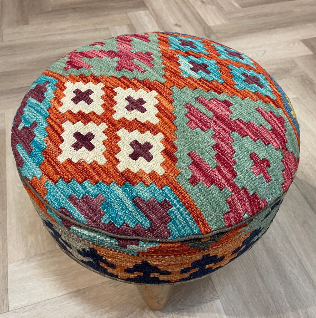 Kelim poef - handgewebt - unbenutzt - Wolle - farbenfroher Kelim - neu - unbenutzt - Teppich - 48 cm - 48 cm #1.0