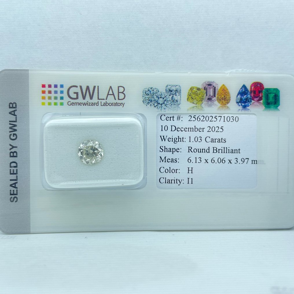 Sans prix de réserve - 1 pcs Diamant (Naturelle) - 1.03 ct - Rond - H - I1 - Gemewizard Gemological Laboratory (GWLab) #4.3