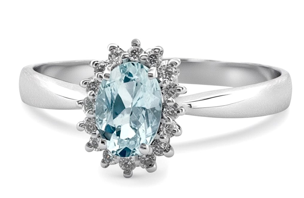 χωρίς τιμή ασφαλείας - Δαχτυλίδι - 18 καράτια Λευκός χρυσός Ακουαμαρίνης - Διαμάντι #2.1