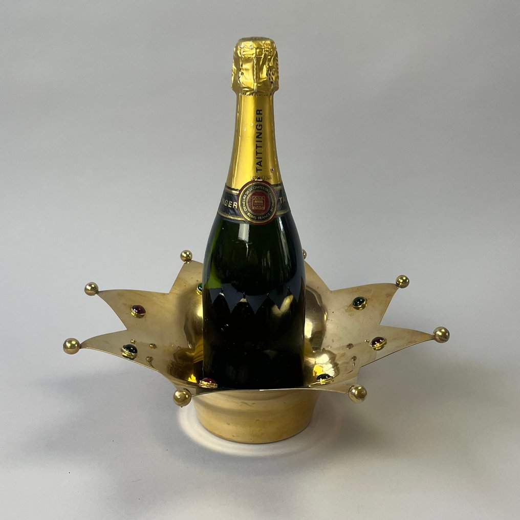 Σουβέρ μπουκαλιών -  Βινταζ - Διακοσμητικό καλάθι πάγου ή κρασιού - Στέμμα με γυάλινα καμπαρόν - Ορείχαλκος, Γυαλί #1.0