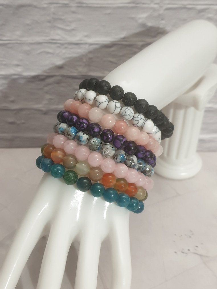 蓝色磷灰石，孔雀玛瑙，玫瑰石英，孔雀石，紫色龙石，淡紫色猫眼Kunzite - 珠子 - 8件 #2.1