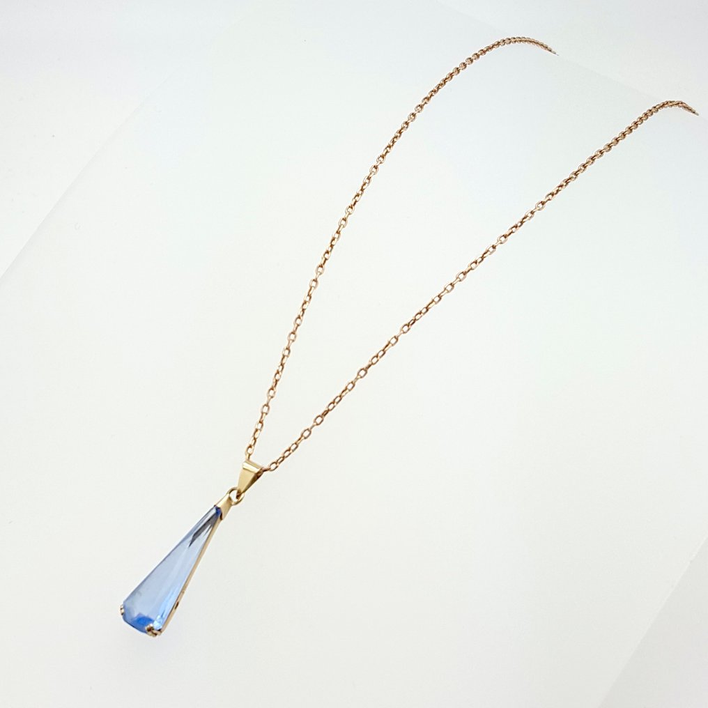 吊坠项链 - 14K包金 黄金 - 蓝色的合成石头 #3.2