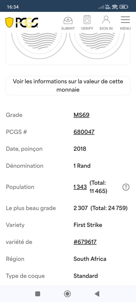 Dél-Afrika. 1 Rand 2018 Krugerrand, 1 Oz (.999), gradée par PCGS. MS69 (Nincs minimálár) #4.3