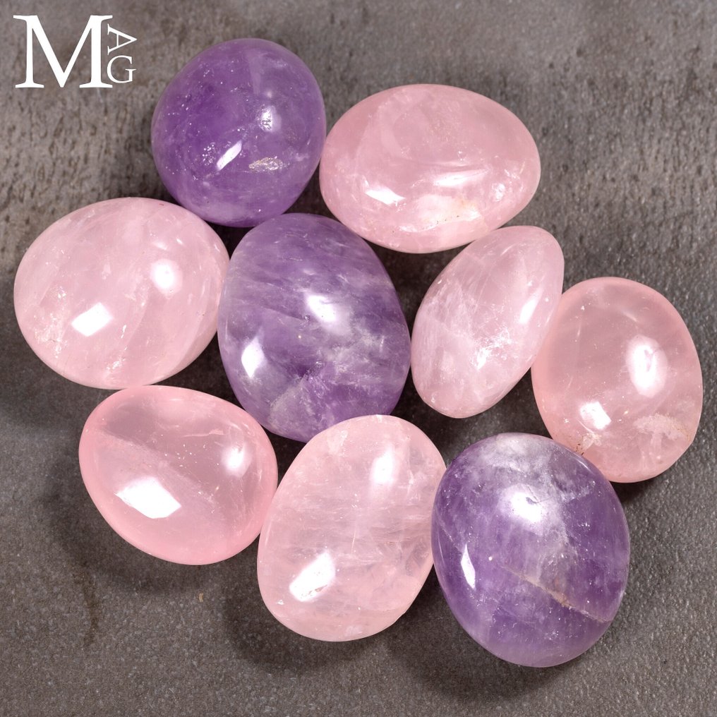 Set of Chevron Amethyst and Rose Quartz Palm Stones – Madagascar (9 pcs) - Altezza: 50 mm - Larghezza: 50 mm- 555 g #1.0