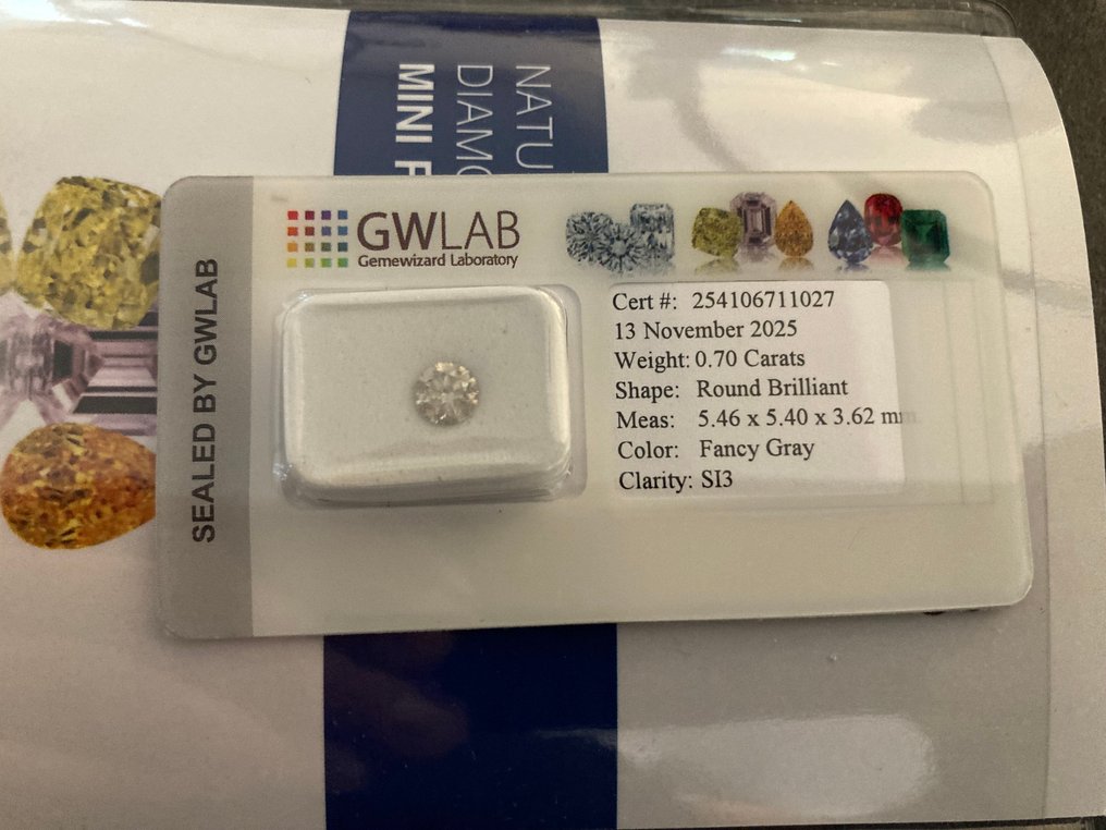 Sem preço de reserva - 1 pcs Diamante  (Colorido natural)  - 0.70 ct - Redondo - Fancy Cinzento - SI3 - Gemewizard Gemological Laboratory (GWLab) #1.0