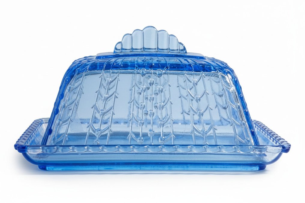 Josef Inwald - Voiastia - Art deco Kaas- boterstolp met bamboe motief in saffierblauw persglas circa 1930. - Lasi #3.2