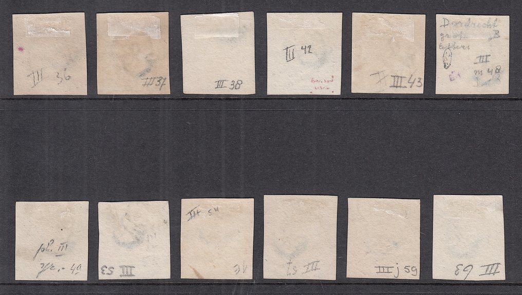 Ολλανδία 1852 - Επιλογή 12 τοποθετημένων γραμματοσήμων από τον πίνακα III. - NVPH 1 (12x) #1.0