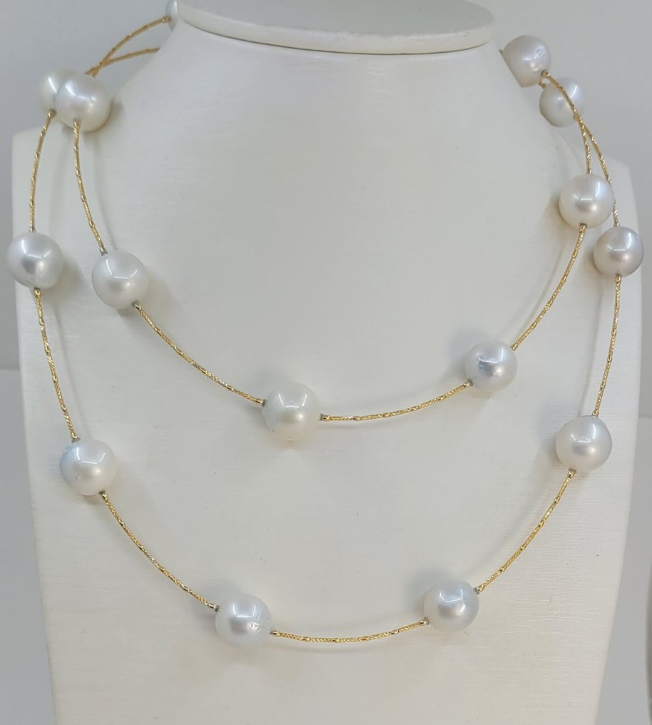 頸鏈 - 18 克拉 黃金, 12x13.5毫米圆形南海珍珠 #1.0