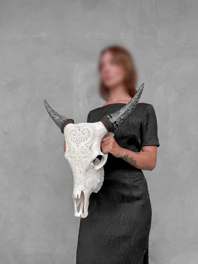 Χωρίς ελάχιστη τιμή - Εκθαμβαστικό λευκό σκαλιστό κρανίο αγελάδας με μποέμικα σκαλιστά κέρατα - Λαξεμένο κρανίο - Bos Taurus - 57 cm - 53 cm - 15 cm- Είδη που δεν ανήκουν στο CITES #4.3