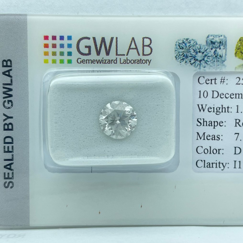 Fără preț de rezervă - 1 pcs Diamant  (Natural)  - 1.55 ct - Rotund - D (fără culoare) - I1 - GWLab (Laboratorul gemologic Gemewizard) #3.2