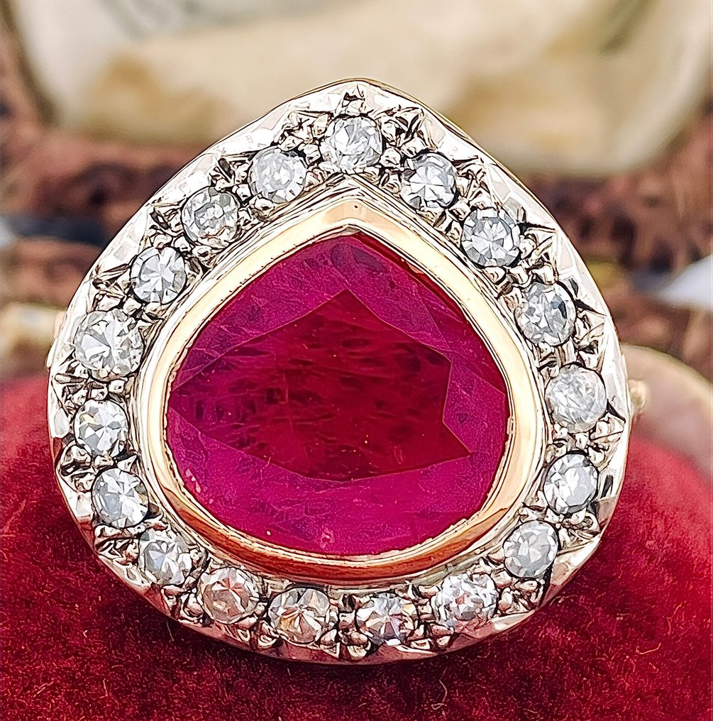 Δαχτυλίδι - 12 kt. Κίτρινο χρυσό, Ασημί Ρουμπίνι - Διαμάντι #1.0