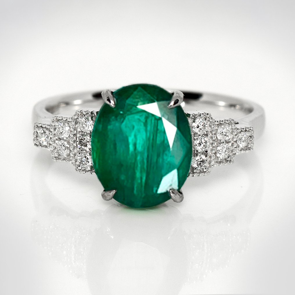Fără preț de rezervă - Inel - 14 ct. Aur alb, IGI 2,77 ct ZAMBIA Verde Intens -  2.91ct. tw. Smarald - Diamant #1.0