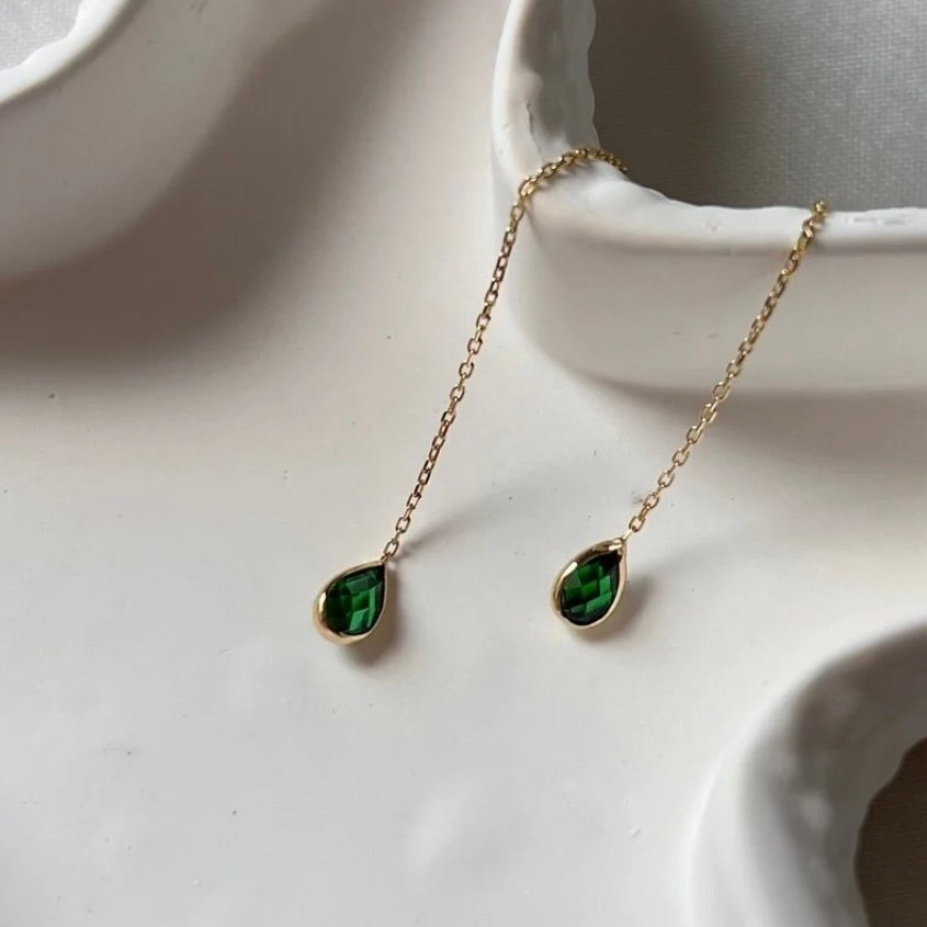 Nincs minimálár - Handmade - Drop fülbevaló - 14 kt. Sárga arany Cirkon - Körte alakú zöld #2.1