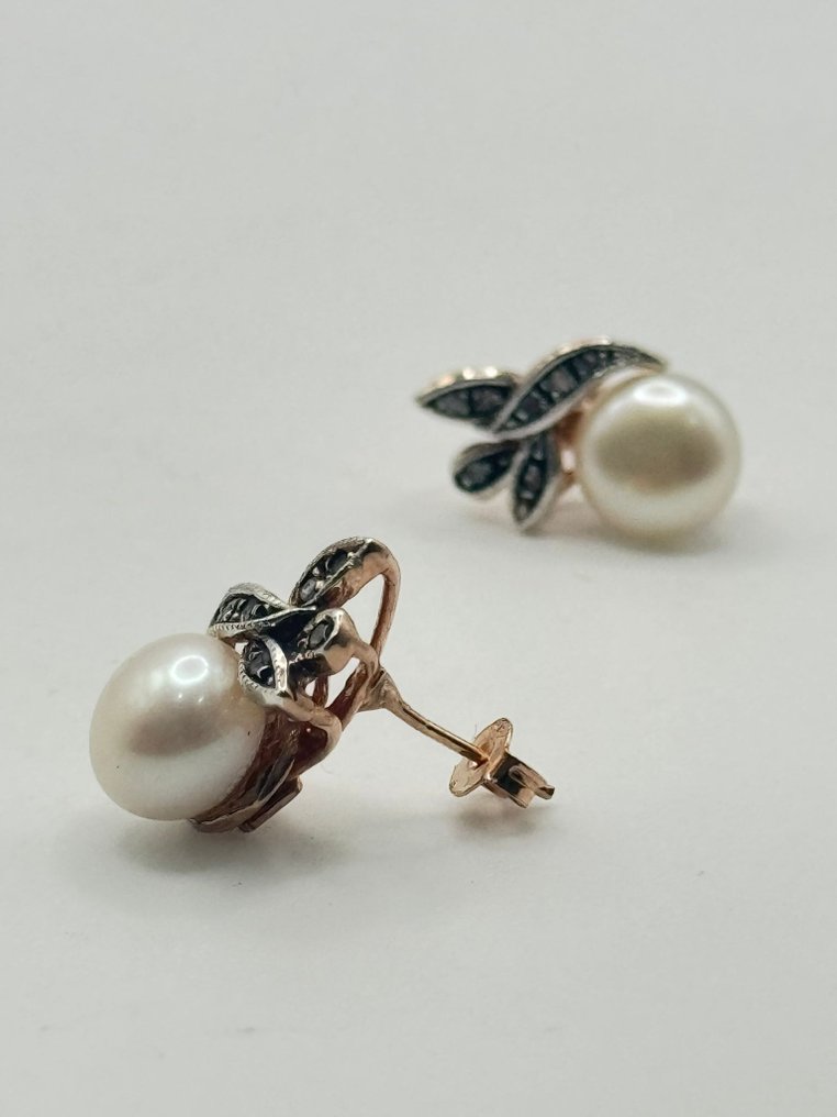 没有保留价 - 耳环 - 9 kt. 银, 玫瑰金 钻石 (天然)  - 珍珠 #1.0