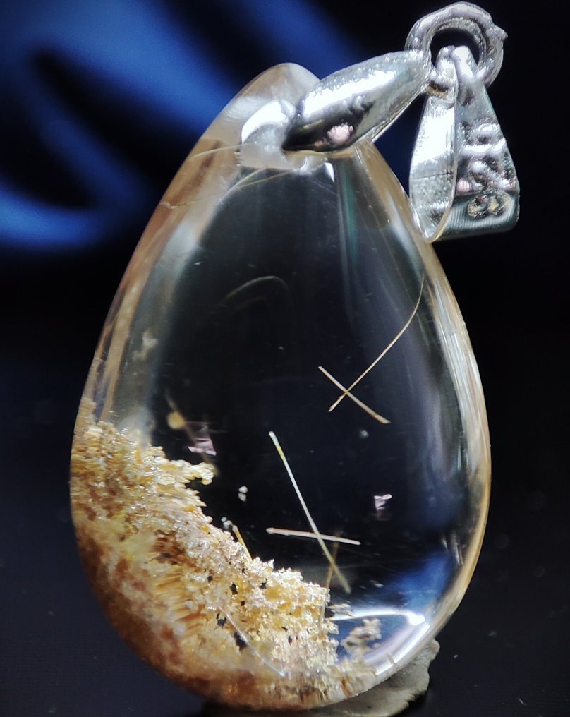 Nagyon gyönyörű, természetes, ritka Phantom/Gold Rutilated Quartz kristálykristály medál, 925 ezüst - Függő #2.1