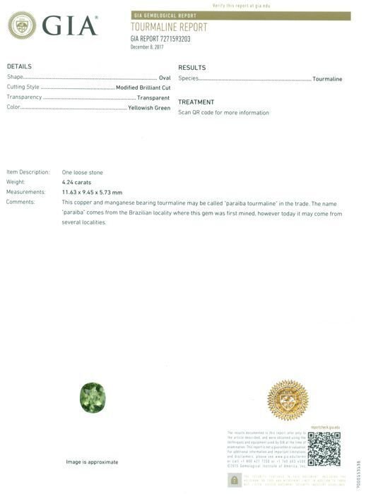 没有保留价 - 1 pcs  绿色, 黄色 帕拉伊巴碧玺  - 4.24 ct - 美国宝石研究院（GIA） - Neon Paraiba Tourmaline #2.1