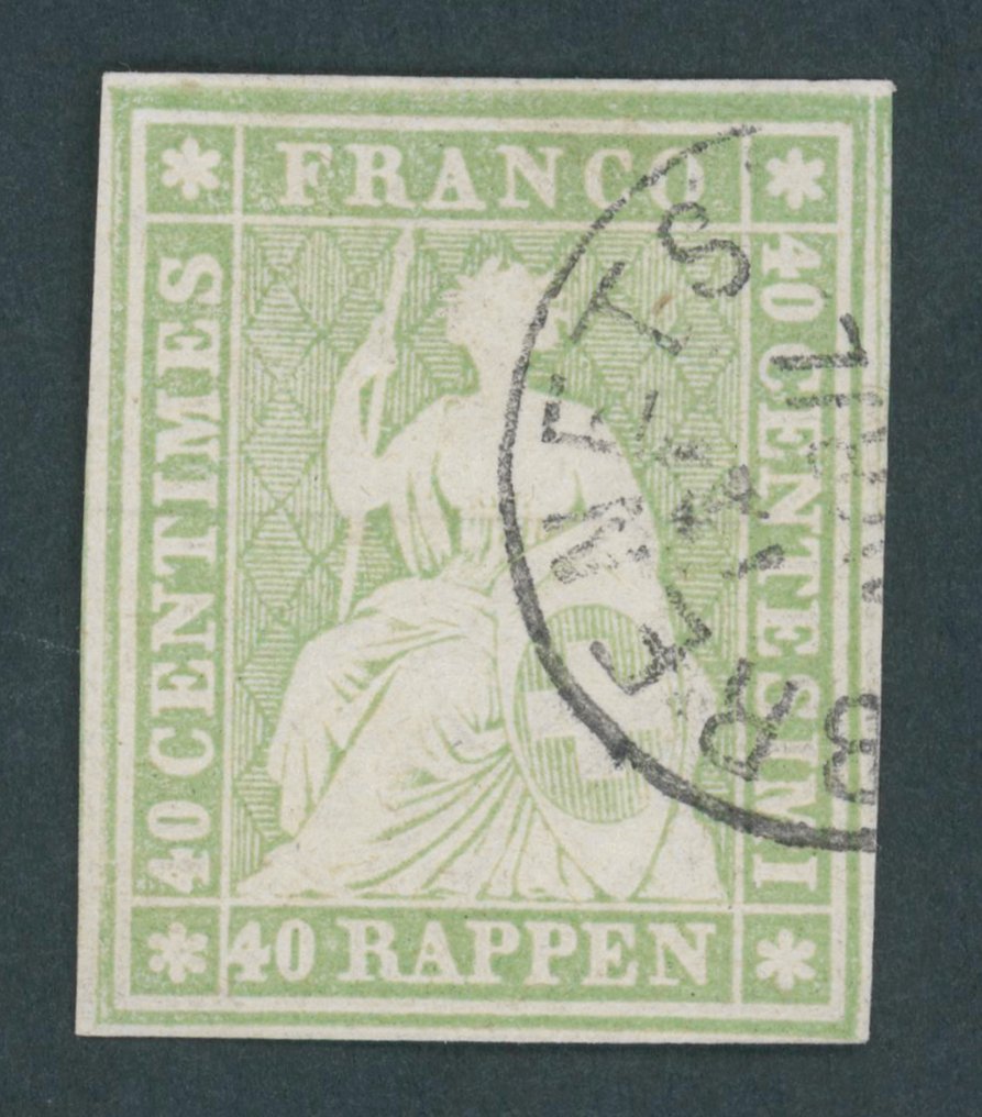 Switzerland 1855 - Broad-margin, color-fresh 40 Rp green in impeccable condition, Zst. No. 26 C, Rellstab assessment. - Schweiz - Strubel #1.0