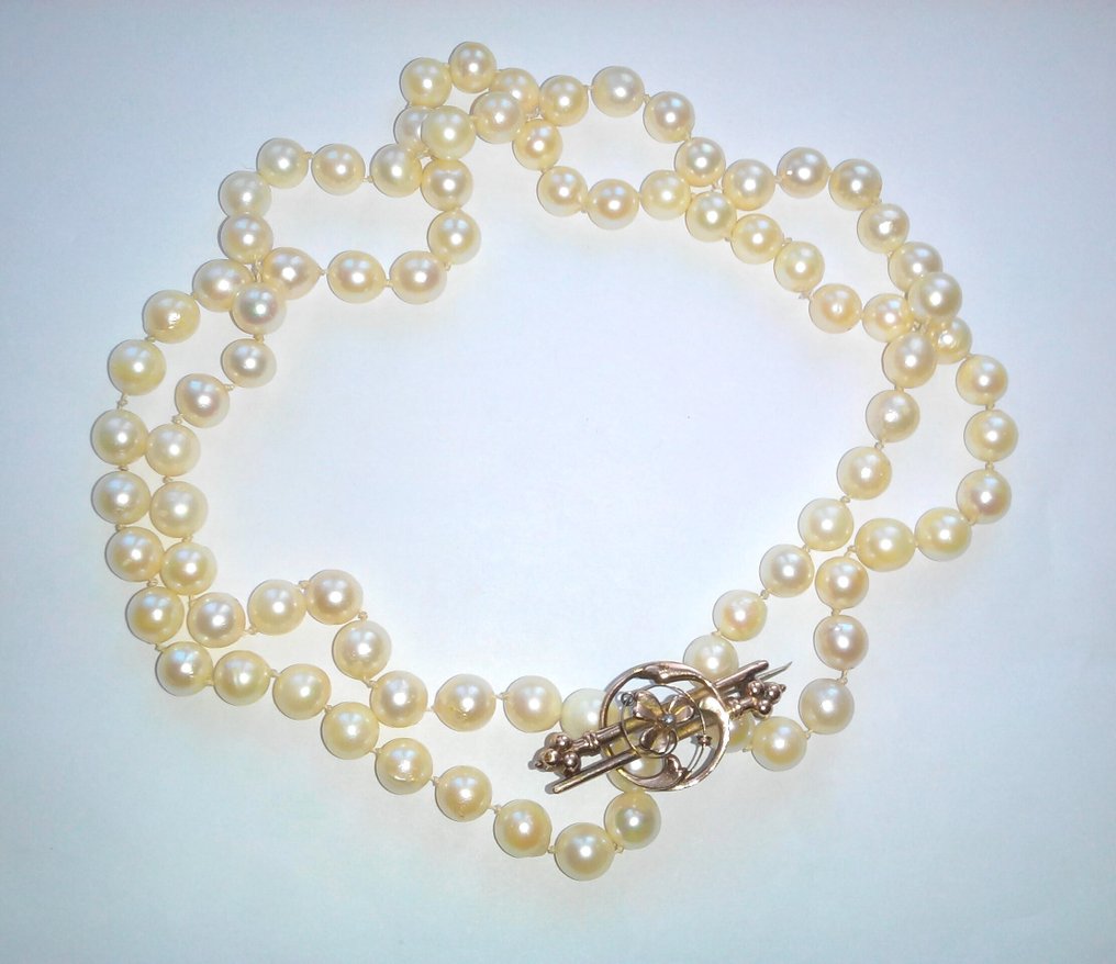 Sem preço de reserva - Colar Akoyaperlen de 84 cm de comprimento - Broche de ouro amarelo 14 kt - Pérola de relógio #1.0