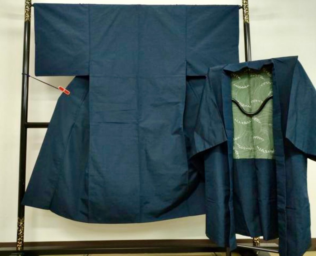 男士复古羽织与和服套装——靛蓝色 - 真丝 - 日本 - 20世纪 #1.0