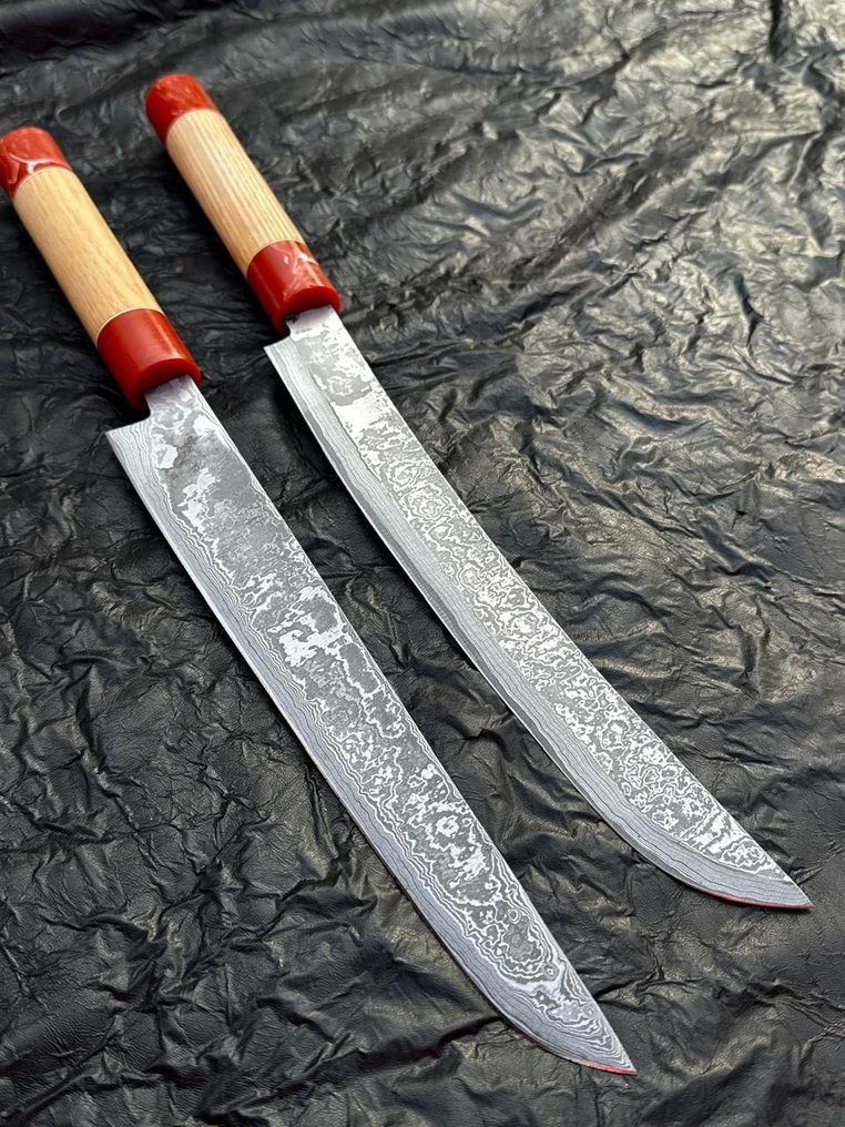 厨刀 -  厨房刀 - 大马士革10/95 15N20厨师刀，手工刀，梯形花纹 - 木头 - 亚洲 #2.1