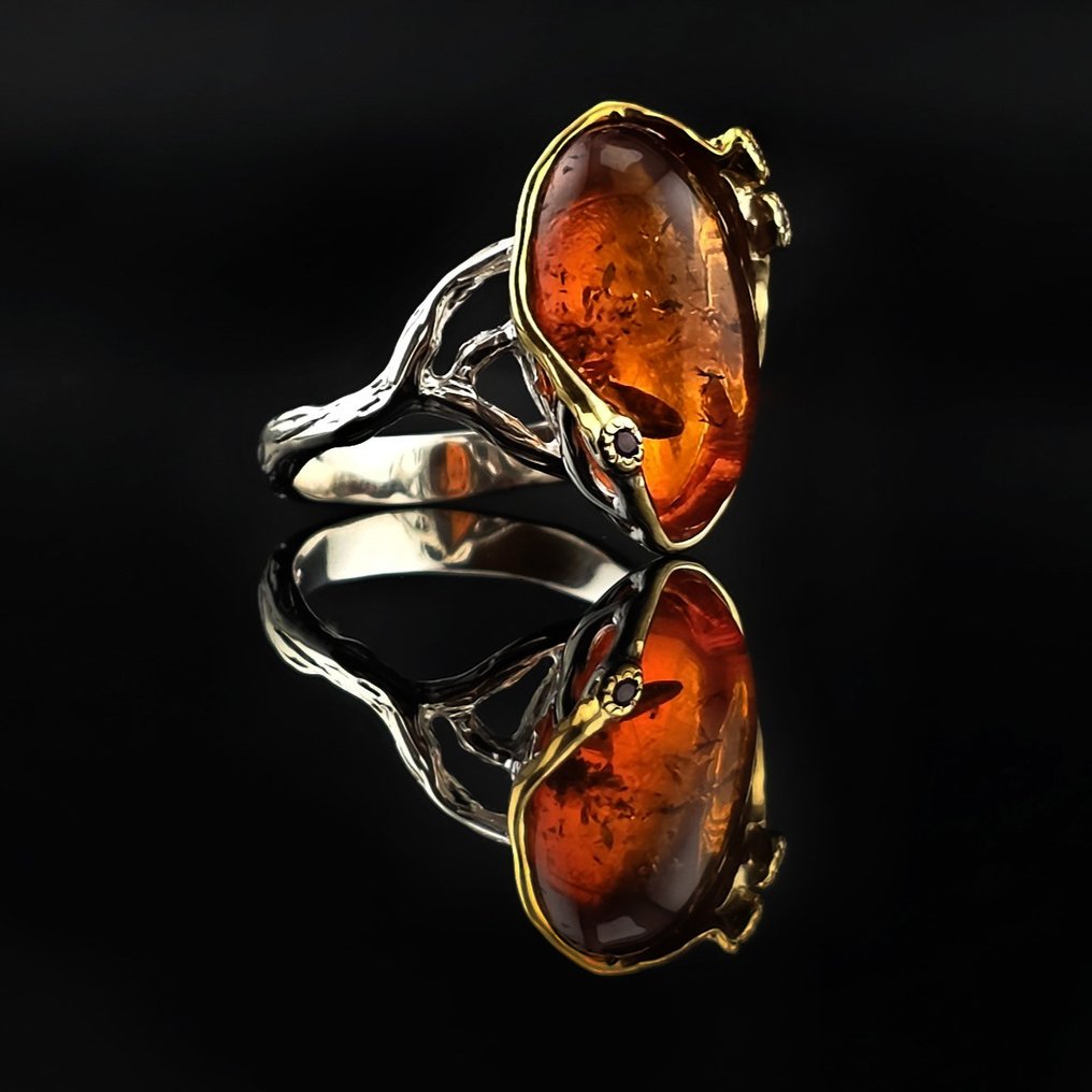 工匠波罗的海琥珀首饰——925银琥珀化石石配金色亮点 - 琥珀  (没有保留价) #1.0