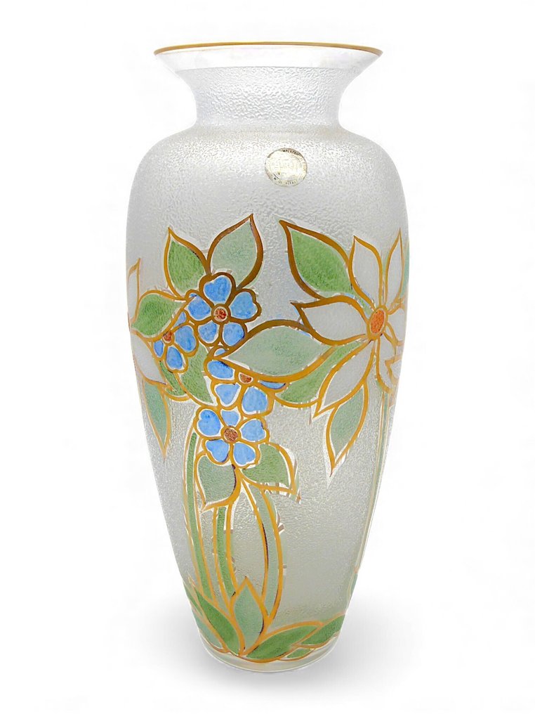 Giampaolo Ghisetti (1944) Murano - 花瓶 -  带有自由风格花卉装饰  - 手工磨砂玻璃 - 35厘米 - 1970年代 #3.2