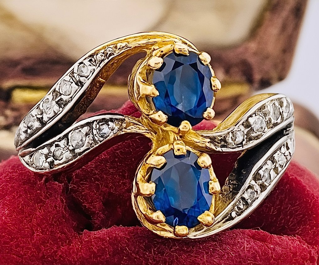 χωρίς τιμή ασφαλείας - Δαχτυλίδι - 9 kt. Κίτρινο χρυσό, Ασημί Ζαφείρι - Διαμάντι #3.2