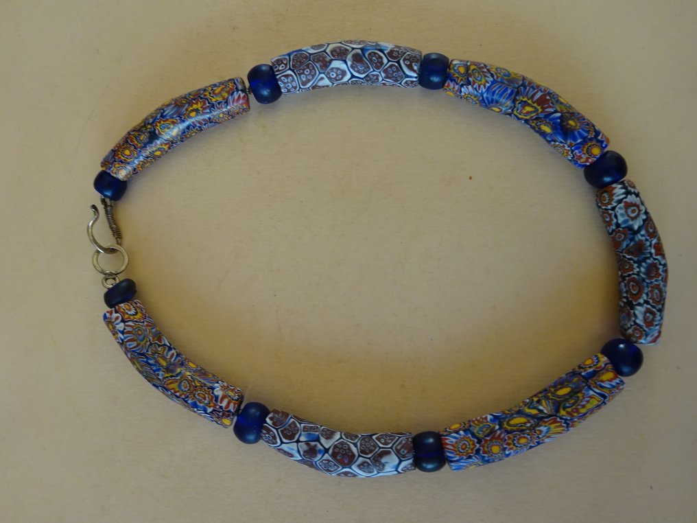 Collier of 7 very large elbow beads from Murano, type Millefiori / Mosaic, circa 1900, Ghana #4.3