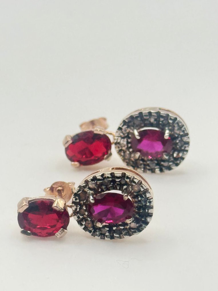 沒有保留價 - 耳環 - 9 節 銀, 玫瑰金 紅寶石 - 鉆石 #1.0