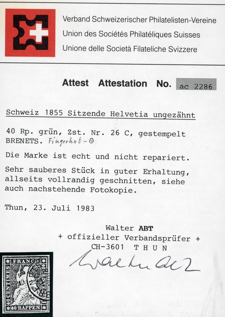 Switzerland 1855 - Broad-margin, color-fresh 40 Rp green in impeccable condition, Zst. No. 26 C, Rellstab assessment. - Schweiz - Strubel #2.1