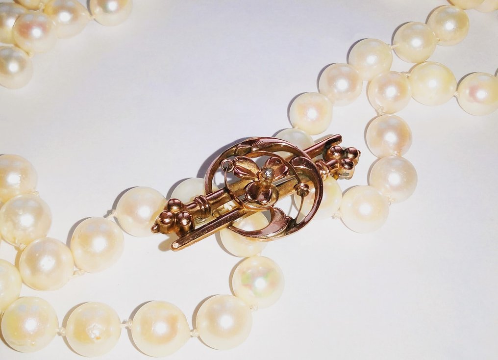 Sem preço de reserva - Colar Akoyaperlen de 84 cm de comprimento - Broche de ouro amarelo 14 kt - Pérola de relógio #1.0
